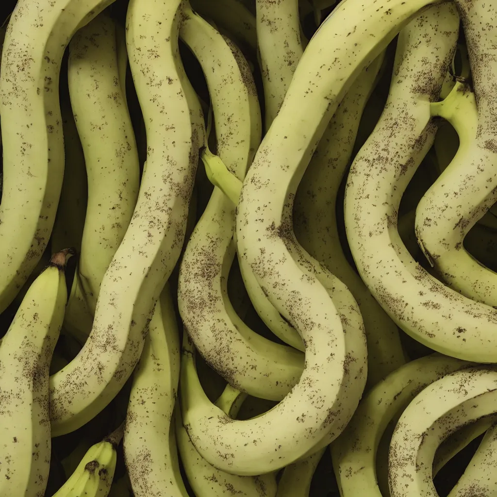 Prompt: circular fractal bananas that grow like coral, inside art nouveau with petal shape, big banana peals, and banana stems, mesh roots. closeup, hyper real, food photography, high quality