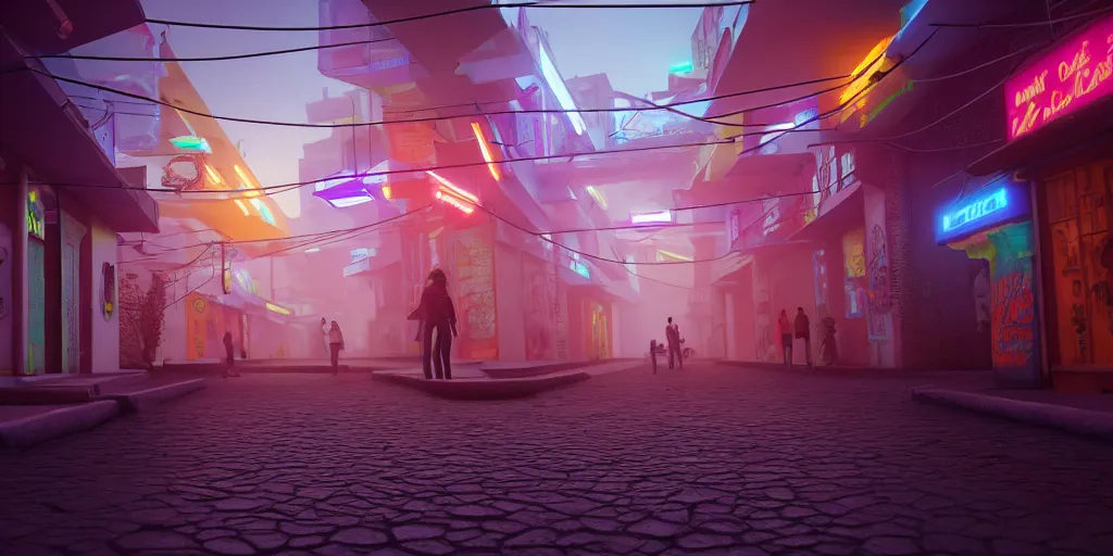 Image similar to angled view of a futuristic small mexican town cobbled street, blade runner 2 0 4 9 city architecture, mexican dia de muertos hanging paper decorations, environmental lighting, stromy weather, ray tracing, amazing view, highly detailed, neon shops, octane render, unreal engine 5, 4 k