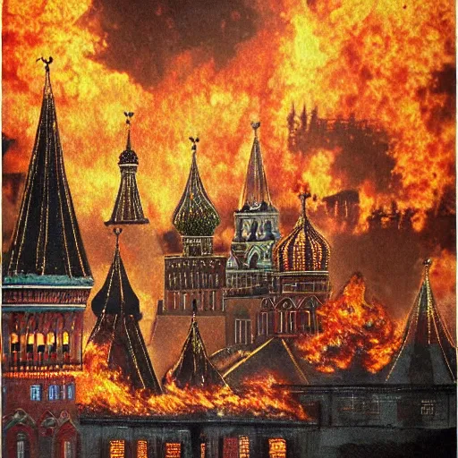 Image similar to high quality image of burning Kremlin, highly detailed