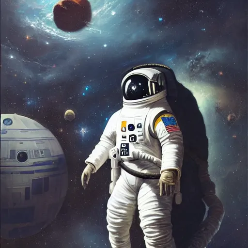 Image similar to detailed rococo painting of a black astronaut spacewalking, planets behind, symmetrical, realistic, art station nebulas, dynamic lighting, 8 k, star wars, art by greg rutkowski, kehinde wiley, alphonse muca