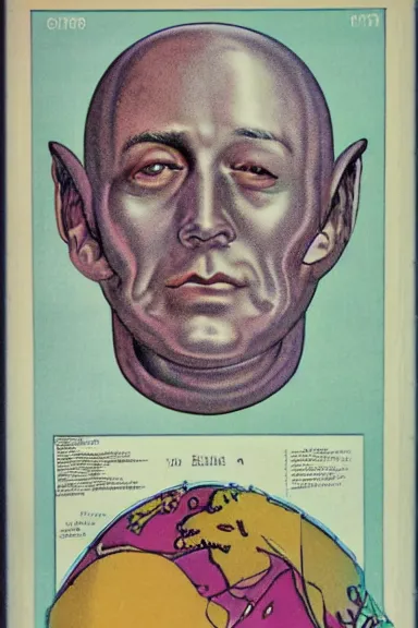 Prompt: A vintage scientific illustration from the 1970s of the Earth as a human face