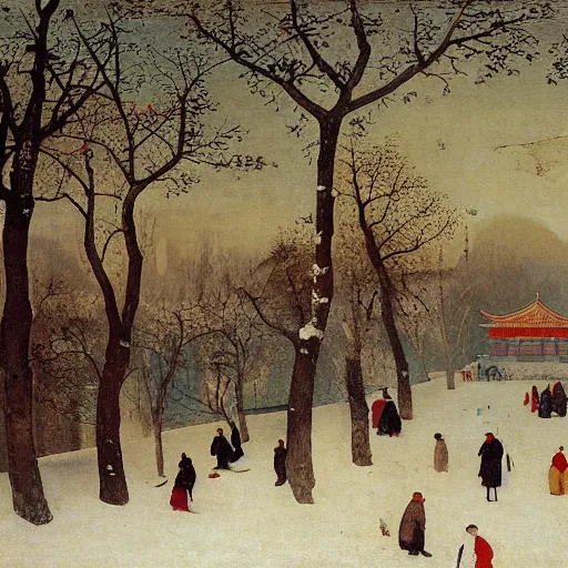 Prompt: A painting of Beihai Park in winter, in Beijing, by Bruegel.
