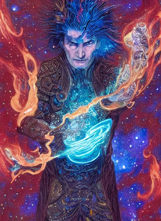 Image similar to high intricate colored ink drawing of the sandman holding a glimmering fire - galaxy, full shot, neil gaiman, maria panfilova, andrea savchenko, mike kime, ludovic plouffe, qi sheng luo, oliver cook, julian calle, eddie mendoza, trending on artstation