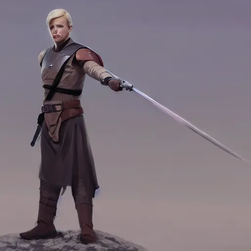 Image similar to a young blonde male jedi with short hair standing still, full body photography, extremely long shot, long shot, over the shoulder shot, ots shot, third-person shot, full-length, head-to-toe, concept art by Doug Chiang cinematic, realistic painting, high definition, concept art, the Mandalorian concept art style