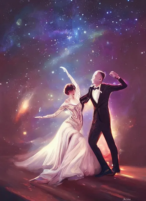 Prompt: an elegant couple, a man and a woman, dance together at a space themed ball. beautiful highly detailed faces. painting by artgerm and greg rutkowski and magali villanueve.