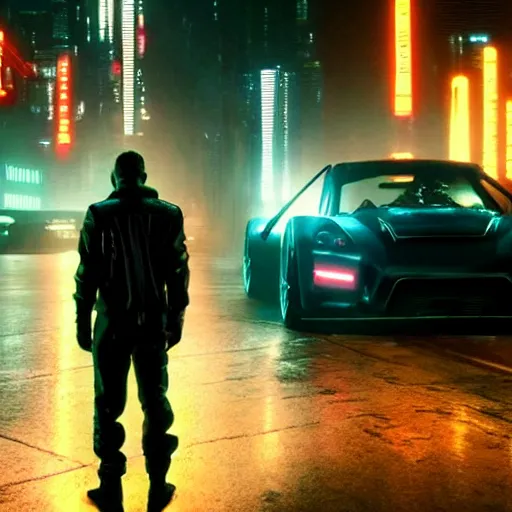 Prompt: cyberpunk street racer wearing black jacket standing next to red Lan Evo X 2077 FRS GTR R35 S15 NSX scene from Bladerunner 2049 Roger Deakins Cinematography movie still 2017