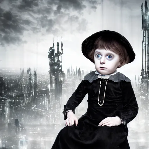 Prompt: a photo of young sad victorian gothic child with big eyes and wide grin sitting on a sofa of bones surrounded by a cyber futuristic cityscape made of human body parts, ultra detailed, 8 k resolution, beautiful lighting, expansive detailed layered city, landscape, 5 0 mm, perfect faces