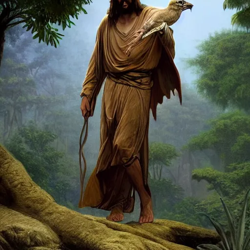 Image similar to a detailed matte painting of a ridiculously good looking jesus who is exploring the prehistoric jungle with his pet velociraptor, elegant ancient greek dress, jungle as the background, very detailed, beautiful, intricate, art by greg rutkowski and robert e howard, octane render