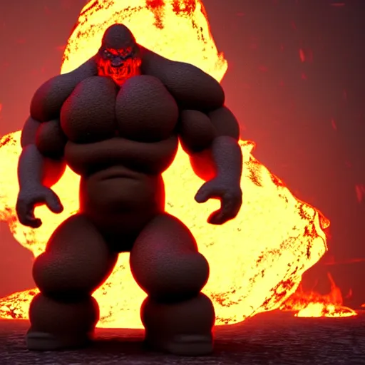 Prompt: a large, muscular, standing, humanoid, lava rock, magma, fire golem creature, burning eyes, exaggerated perspective, unreal engine, 3 5 mm