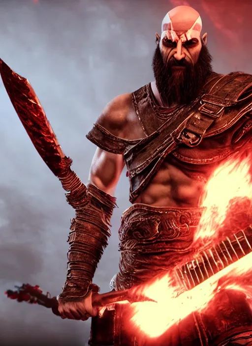 Prompt: red facial stripe armored screaming kratos rocking hard on a flaming stratocaster guitar, cinematic render, god of war 2 0 1 8, playstation studios official media, lightning, flames, clear, coherent, guitar