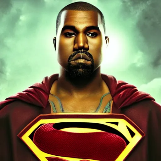 Image similar to Portrait of Kanye West as superman, heroic, amazing splashscreen artwork, splash art, head slightly tilted, natural light, elegant, intricate, fantasy, atmospheric lighting, cinematic, matte painting, detailed face, by Greg rutkowski