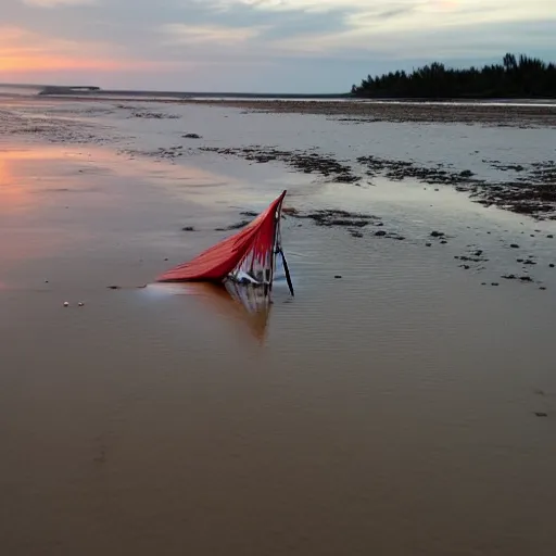 Image similar to sailboat stuck on sandbar at low tide, sunset, ewoks helping to push it free