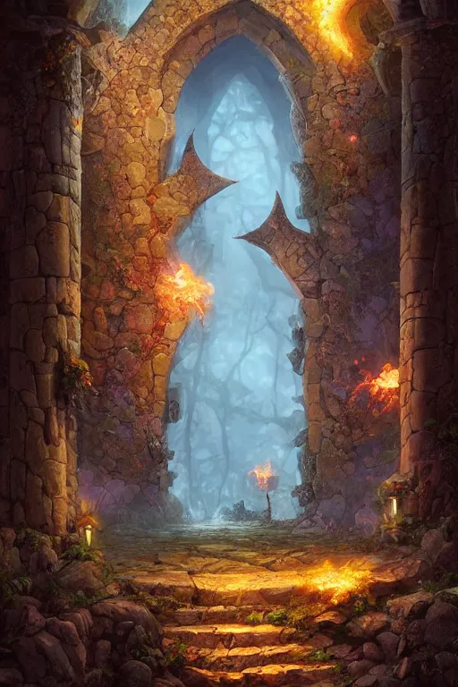 Image similar to matte glossy illustration painting of stone steps fantasy leading do a gothic doorway burning portal, artstation by emilia dziubak, will terry, greg olsen, chris mars, ann long, and mark brooks, gret ritkowski dramatic, architecture, colorful warcraft architecture