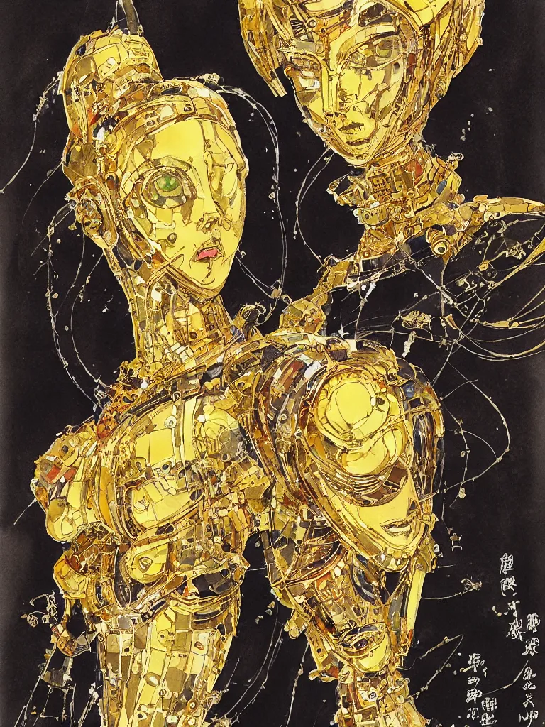 Prompt: a Royal portrait of gold android woman as illustrated by Yoshitaka Amano. 1991. Watercolor and Acrylic on Paper