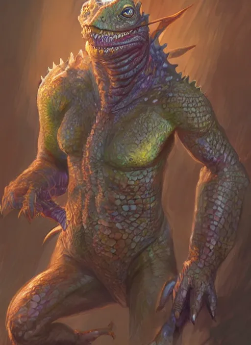 Image similar to half lizard human, ultra detailed fantasy, dndbeyond, bright, colourful, realistic, dnd character portrait, full body, pathfinder, pinterest, art by ralph horsley, dnd, rpg, lotr game design fanart by concept art, behance hd, artstation, deviantart, hdr render in unreal engine 5