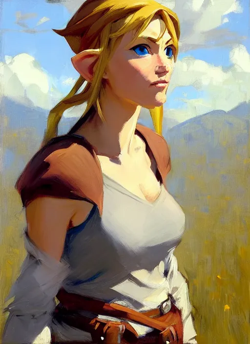 Image similar to Greg Manchess painting of a female Link from Legend of Zelda, countryside, calm, fantasy character portrait, dynamic pose, above view, sunny day, thunder clouds in the sky, artwork by Jeremy Lipkin and Giuseppe Dangelico Pino and Michael Garmash and Rob Rey, very coherent asymmetrical artwork, sharp edges, perfect face, simple form, 100mm