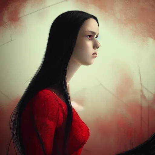 Prompt: portrait of a woman with long black hair and red eyes, wearing a red dress, 4k, detailed face, beautiful, octane render, cgi, cgsociety, dark lighting, artstation, high quality, depth of field, ambient occlusion,