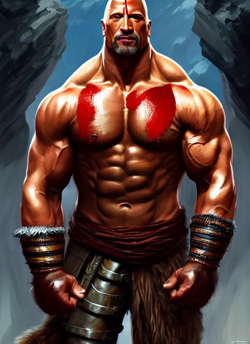 Image similar to ! dream portrait of aggressive dwayne johnson as kratos, d & d, muscular! intricate, elegant, highly detailed, digital painting, artstation, concept art, smooth, sharp focus, illustration, art by artgerm and greg rutkowski and alphonse mucha