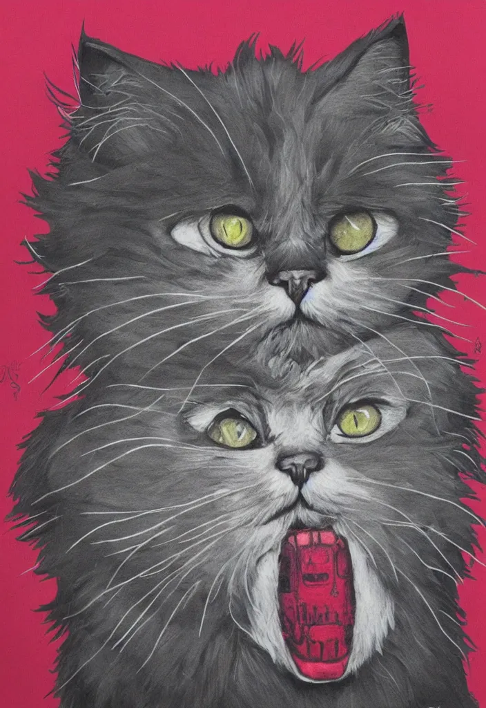 Image similar to fluffy cat with an afro comb t - shirt design, by jules julien, alex yanes, dark grisaille monochrome neon spraypaint, ironic surrealism, hypebeast