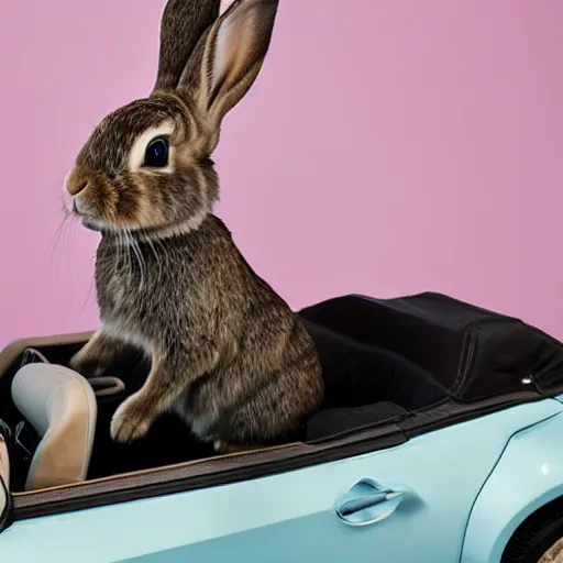 Image similar to bunny riding a convertible, studio photo, high quality