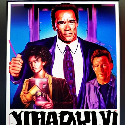 Image similar to vaporwave stylized movie poster by Drew Struzan for the movie 'Breakfast' staring Arnold Schwarzenegger, released in 1986