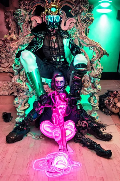 Prompt: full-body rococo and cyberpunk style neon statue of a young attractive brazilian macho dotado e rico android sim roupa reclining con las piernas abertas e la piroca dura, glowing mint laser eyes, golden prince crown, black steampunk gears, pink diamonds, swirling mint-colored silk fabric. futuristic elements. black dripping tar. full-length view. space robots. human skulls. intricate artwork by caravaggio. Trending on artstation, octane render, cinematic lighting from the right, hyper realism, octane render, 8k, depth of field, 3D