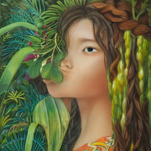 Prompt: a girl in a jungle smelling flowers, her hair flowing down, subtle, intricate details, real masterpiece, oil on canvas, by somsak anong