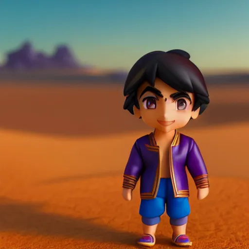 Image similar to profile view of young aladdin as nendoroid walking in a desert, wearing typical clothes, 8 k, hd, dof, kodak film, volumetric lighting, subsurface scattering, photorealistic, octane render