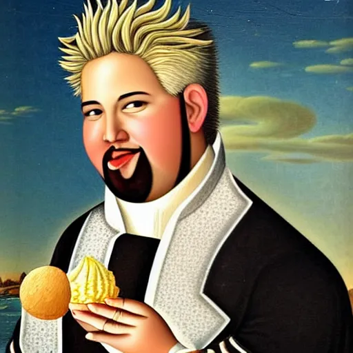 Image similar to a 1 6 0 0 s portrait painting of guy fieri holding an ice cream cone, intricate, elegant, highly detailed