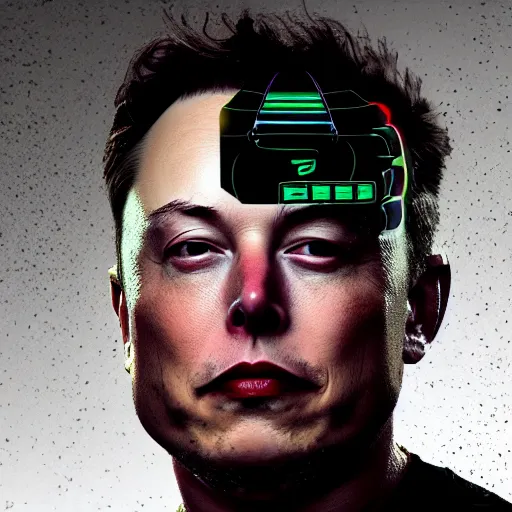 Prompt: beautiful splash screen portrait of Elon musk as a Borg drone, dim lighting, moody, atmospheric, mechanical, trending on artstation