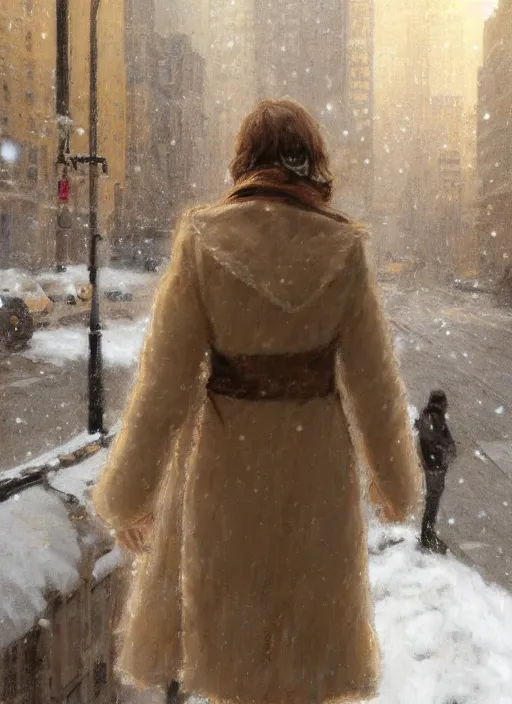 Image similar to back of emma stone in beige coat, walking into new york apartment building in winter, zoomed out, artwork by gaston bussiere, craig mullins, trending on artstation