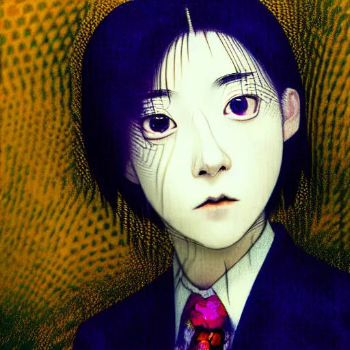 Image similar to yoshitaka amano blurred and dreamy realistic three quarter angle portrait of a young woman with short hair and black eyes wearing office suit with tie, junji ito abstract patterns in the background, satoshi kon anime, noisy film grain effect, highly detailed, renaissance oil painting, weird portrait angle, blurred lost edges