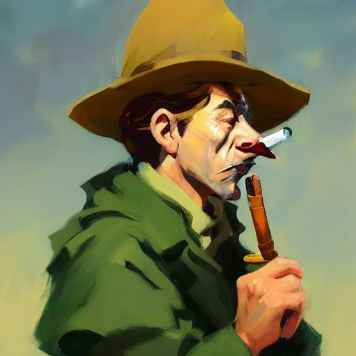 Prompt: greg manchess portrait painting of snufkin smoking a pipe, medium shot, asymmetrical, profile picture, organic painting, rainy day, matte painting, bold shapes, hard edges, street art, trending on artstation, by huang guangjian and gil elvgren and sachin teng