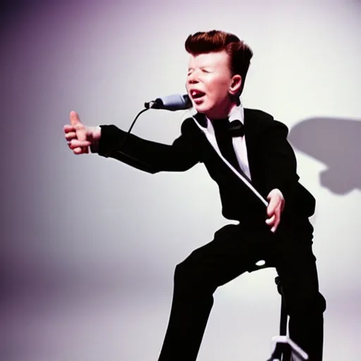 Image similar to young Rick Astley singing into a microphone, dancing, black suit, black and white striped shirt, white background