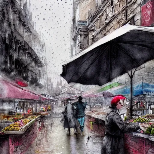 Image similar to hyper realistic an detailed epic concept matte art painting of a food market festival by banksy, carne griffiths and monet. Street photography. Watercolor finishing. rainy day.