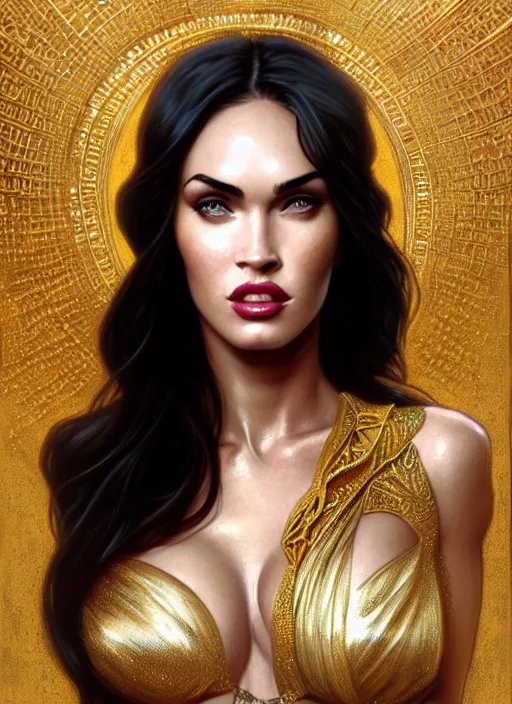 Image similar to portrait of megan fox as exotic dancer, scarf, veil, gold, belly dance, intricate, headshot, highly detailed, digital painting, artstation, concept art, sharp focus, cinematic lighting, illustration, art by artgerm and greg rutkowski, alphonse mucha, cgsociety