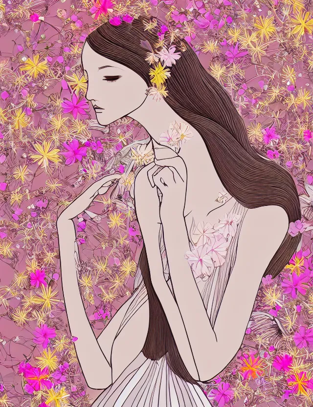 Prompt: fashionable illustration of a beautiful girl in a transparent dress, medium shot at eye level, delicate floral ornaments on fabric and hair, bright small birds, elegant, eiko ishioka, givenchy, peter murbacher, in the center, beautiful colors, origami, fashion, detailed, playful, dreamy, fashionable, japanese, real character creator, dynamic lighting