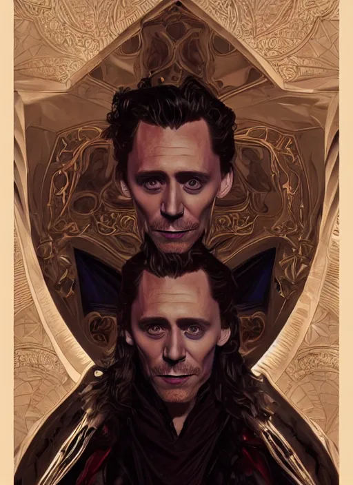 Image similar to portrait of tom hiddleston as a vampire lord, jewelry, intricate, headshot, highly detailed, digital painting, artstation, concept art, sharp focus, cinematic lighting, illustration, art by artgerm and greg rutkowski, alphonse mucha, cgsociety