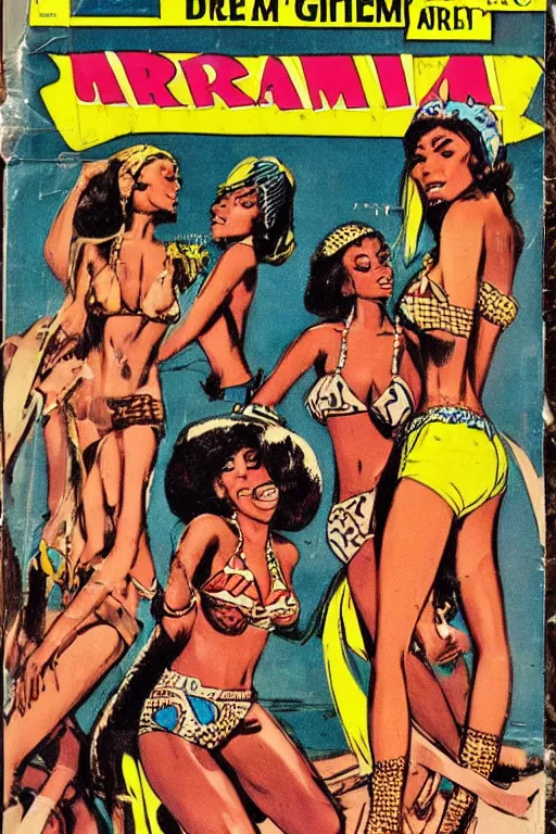 Image similar to !dream african bikini girls, vintage 70s comic cover