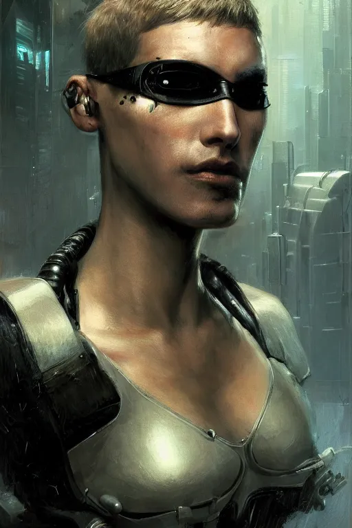 Prompt: a futuristic cyberpunk hacker a cybernetic eyepatch, upper body, highly detailed, intricate, sharp details, dystopian mood, sci-fi character portrait by gaston bussiere, craig mullins