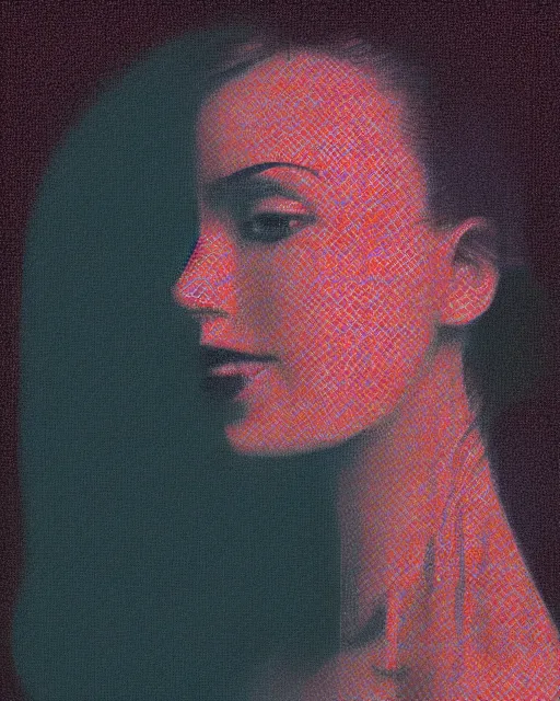 Prompt: a woman's face in profile, made of glitch art, in the style of the dutch masters and gregory crewdson, dark and moody