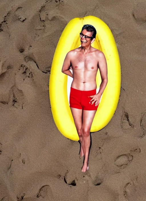 Image similar to jeff goldblum as a banana tomato on the sand of a beach