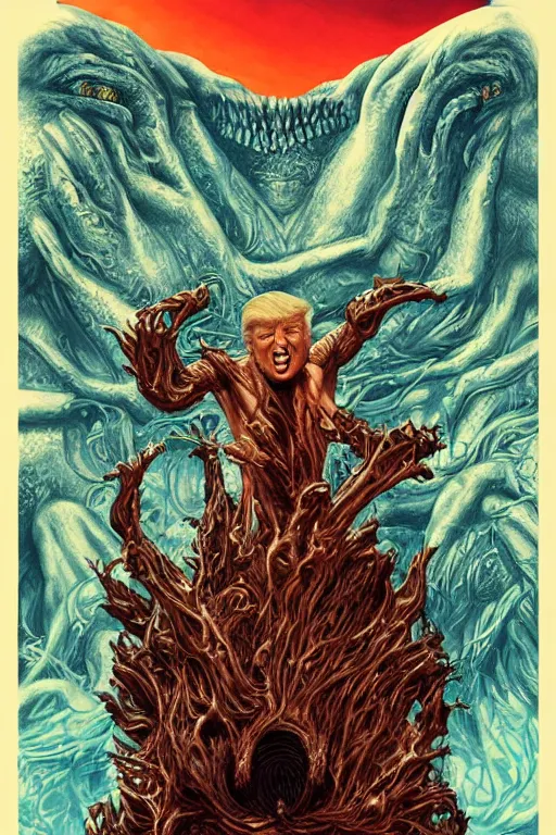 Prompt: donald trump as a disgusting monster consuming the world, horror, high details, intricate details, by vincent di fate, artgerm julie bell beeple, 90s, inking, vintage 90s print, screen print