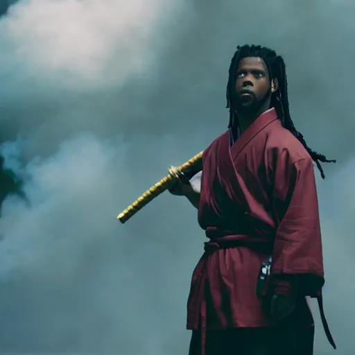 Prompt: cinematic film still Denzel Curry starring as a Samurai holding fire, Japanese CGI, VFX, 2003, 400mm lens, f1.8, shallow depth of field,film photography