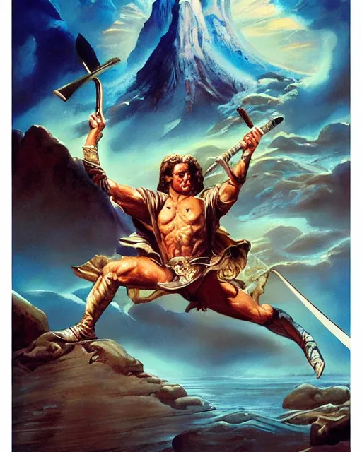 Prompt: a painting of a man holding a sword, poster art by boris vallejo and by juan gimenez and by david schleinkoferand by karel tholeand by david a. hardy, artstation, fantasy art, movie poster, poster art, reimagined by industrial light and magic