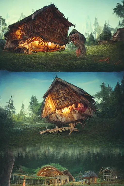 Image similar to an awesome twilight day concept art of giant old hut mixed with giant chicken, by kengo kuma and wes anderson with village, mixed development, cgsociety, fantastic realism, artstation hq