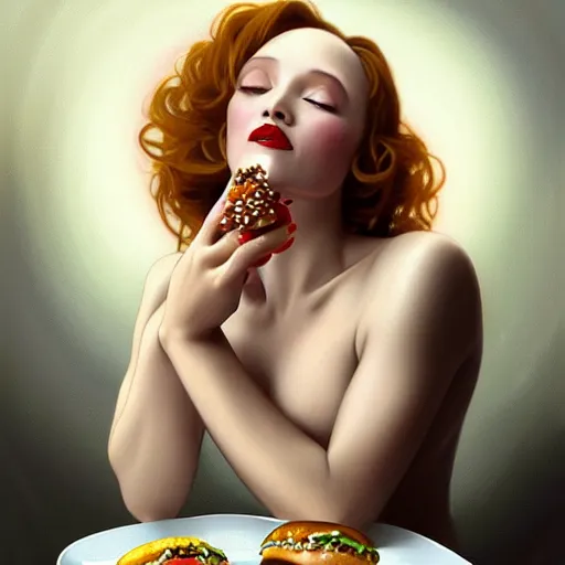 Prompt: portrait of Marlene Dietrich eating hamburgers, extra onions and ketchup, luscious patty with sesame seeds, feminine ethereal, handsome, D&D, fantasy, intricate, elegant, highly detailed, digital painting, artstation, concept art, matte, sharp focus, illustration, art by Artgerm and Greg Rutkowski and Alphonse Mucha