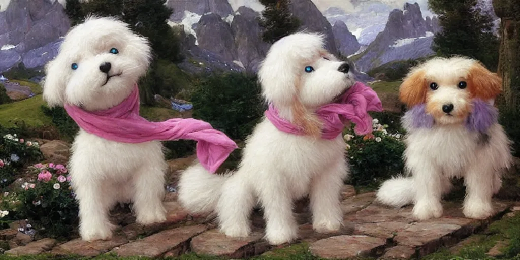 Image similar to 3 d precious moments plush dog with realistic fur and an blue / white / gray / green / pink / tan / mid pink / blue gray color scheme, snowy mountain landscape, master painter and art style of john william waterhouse and caspar david friedrich and philipp otto runge