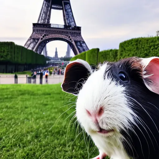 Prompt: a guinea pig taking a selfie in front of the eiffel tower, photorealistic