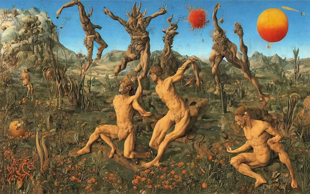 Image similar to a portrait photograph of a meditating satyr and a centaur monk riding a rocket machine and hunting at a river delta. surrounded by bulbous flowers and trees. mountain range under a blue sky of fiery stars. by jan van eyck, max ernst, ernst haeckel, ernst fuchs and artgerm, cgsociety, fashion editorial, 8 k